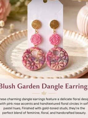 Pink Floral Resin Dangle Earrings with Gold-Tone Accents